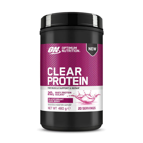 Optimum Nutrition Clear Protein Blackcurrant whey protein powder tub, 480g, on a white background.