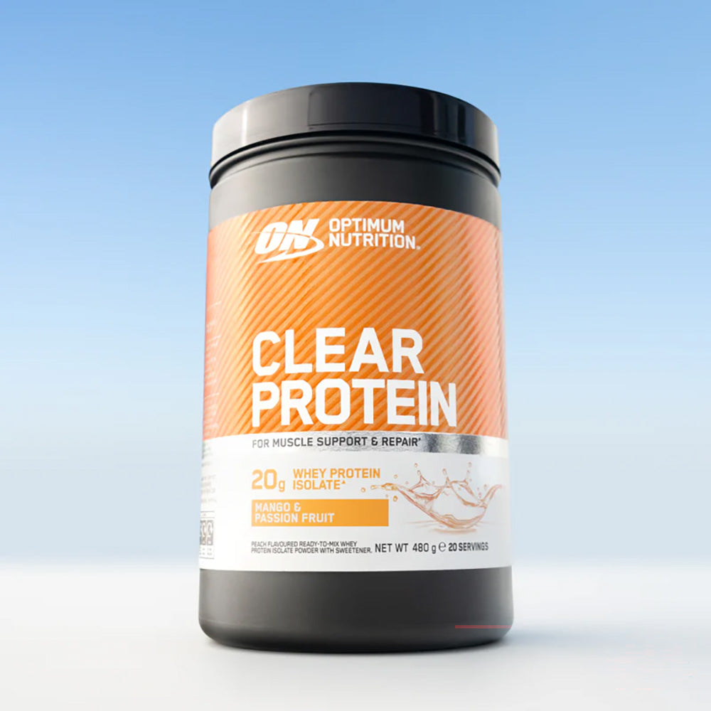 Optimum Nutrition Clear Protein container on a light blue sky background