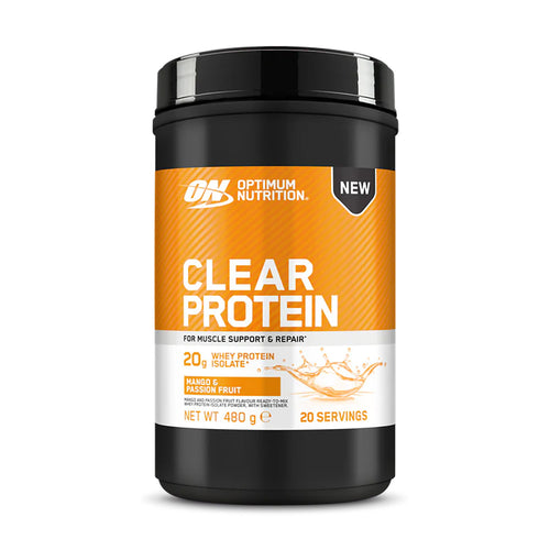 Optimum Nutrition Clear Protein powder tub in a black container with a bright orange and white label, on a white background.