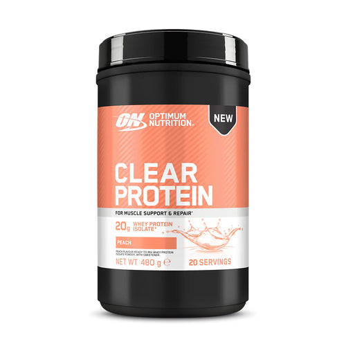 Optimum Nutrition Clear Protein powder container in peach flavour.