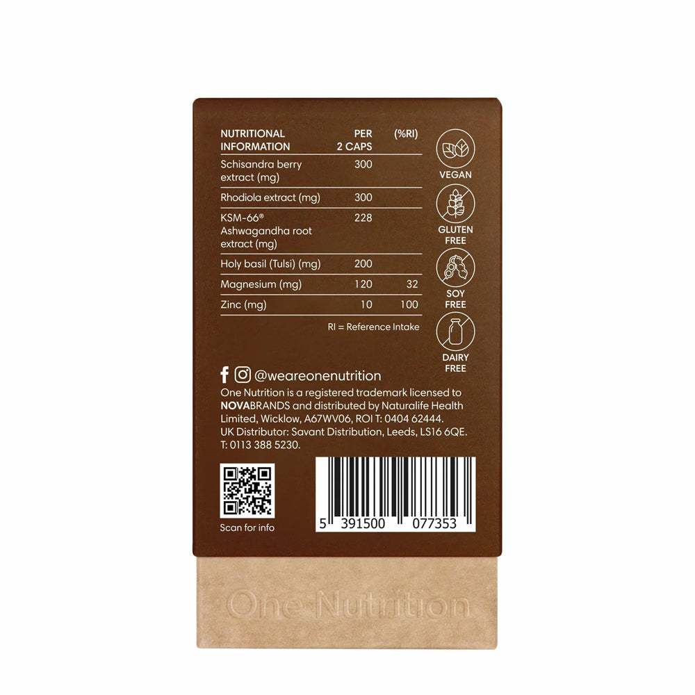 Back label of a supplement package with nutritional information and branding details on a white background.