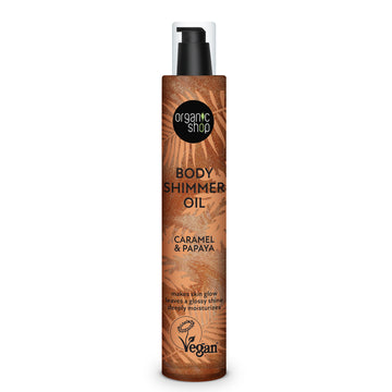 bottle of Organic Shop Caramel &amp; Papaya Body Shimmer Oil