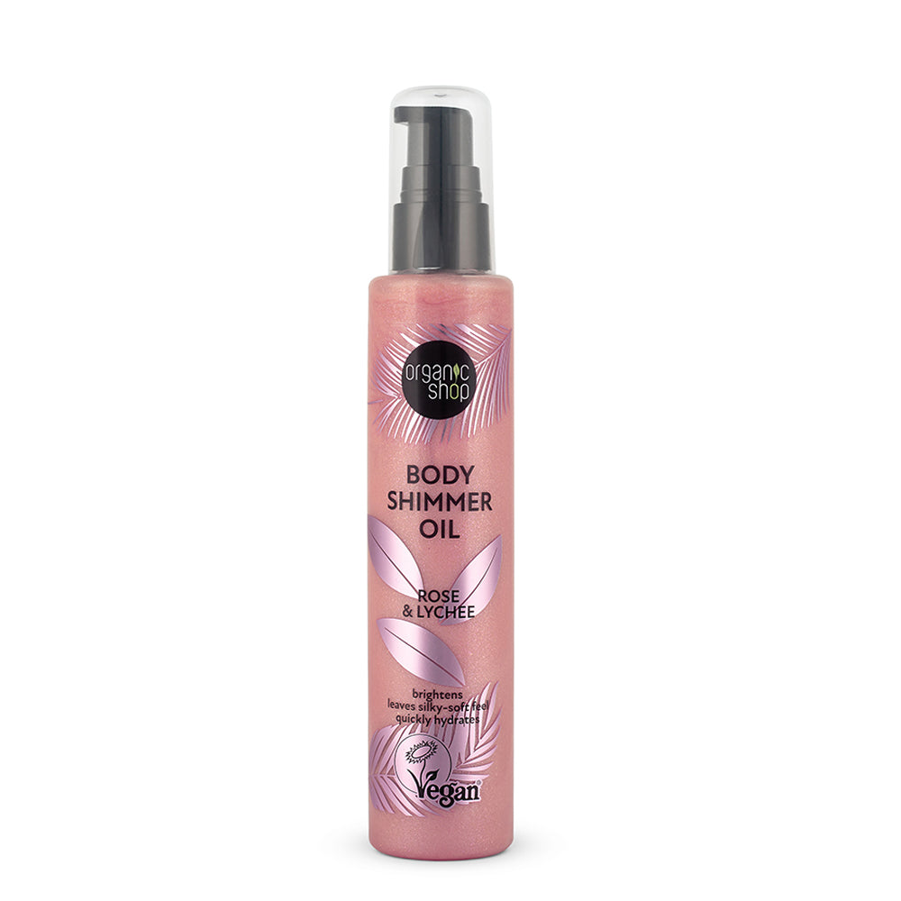 bottle of Organic Shop Rose &amp; Lychee Body Shimmer Oil