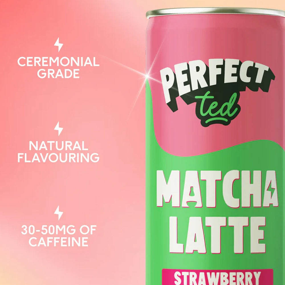 Can of Perfect Ted Matcha Latte Strawberry on a pink and green gradient background