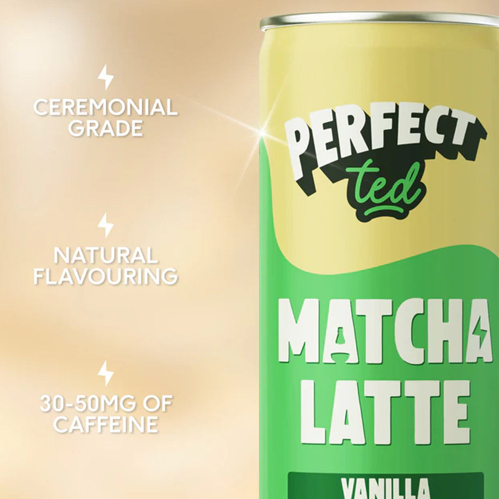 Can of Perfect Ted Matcha Latte with text highlighting features on a beige background