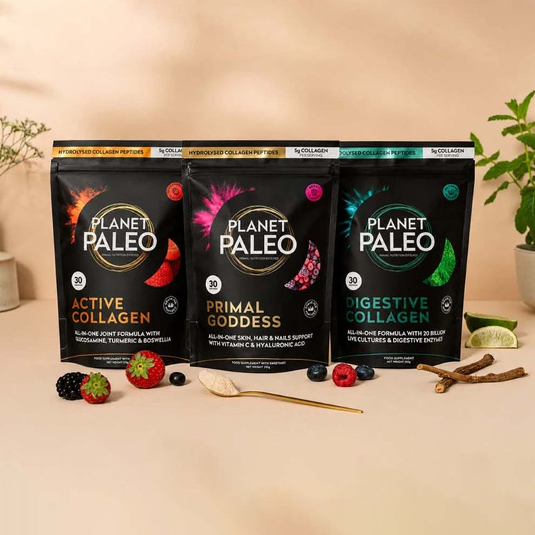 Three Planet Paleo collagen supplement pouches, Active Collagen, Primal Goddess, and Digestive Collagen.