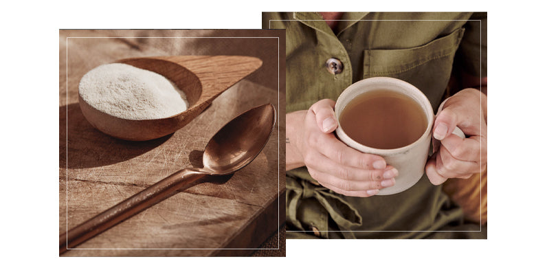 planet paleo. Tea being poured into a cup held by hands, with a wooden spoon and bowl of tea leaves on a wooden surface.