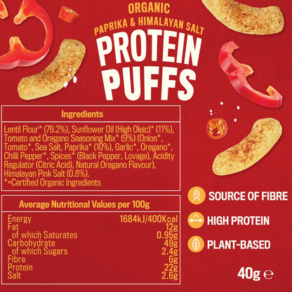 Protein puffs packaging with ingredients and nutritional information on a red background