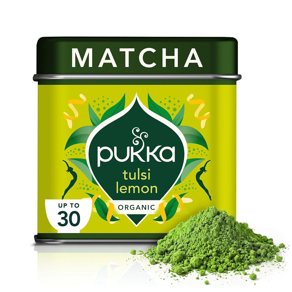 Pukka Organic Tulsi Lemon Matcha tin and powder