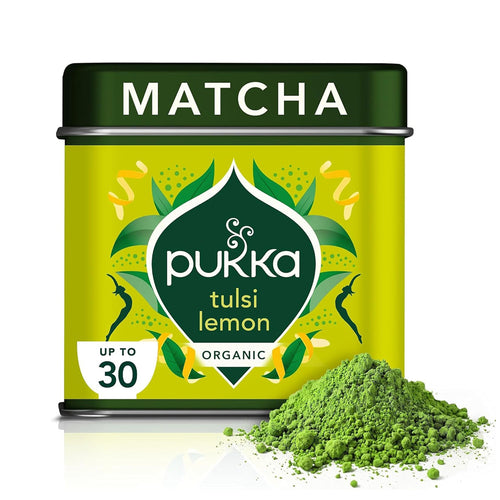 Pukka Organic Tulsi Lemon Matcha tin and powder