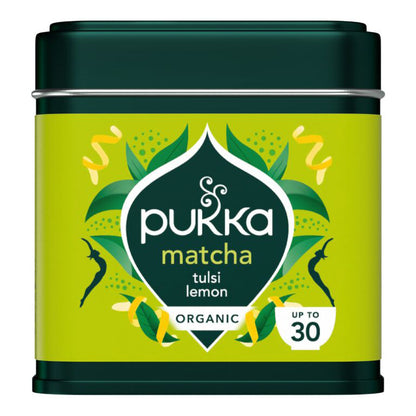 A tin of Pukka Matcha Tulsi Lemon organic tea, featuring a bright lime green label with dark green and white graphics, and a dark green lid.