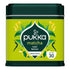 A tin of Pukka Matcha Tulsi Lemon organic tea, featuring a bright lime green label with dark green and white graphics, and a dark green lid.