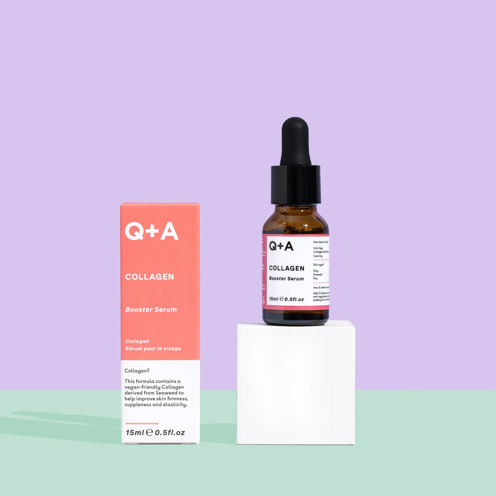 Q+A Collagen Booster Serum with colourful background