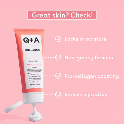 Q+A Collagen hand cream tube with features on a pink background