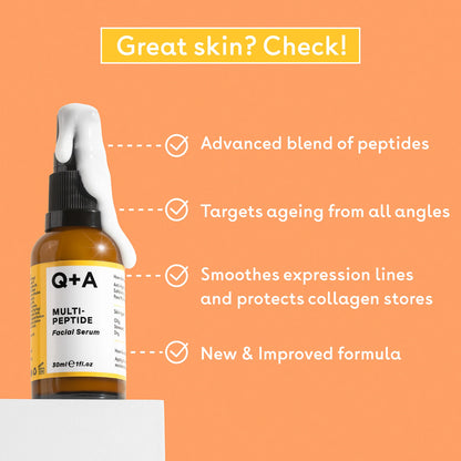Facial serum bottle with text highlighting features on an orange background