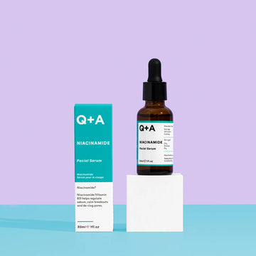 Q+A Niacinamide Facial Serum with colourful background