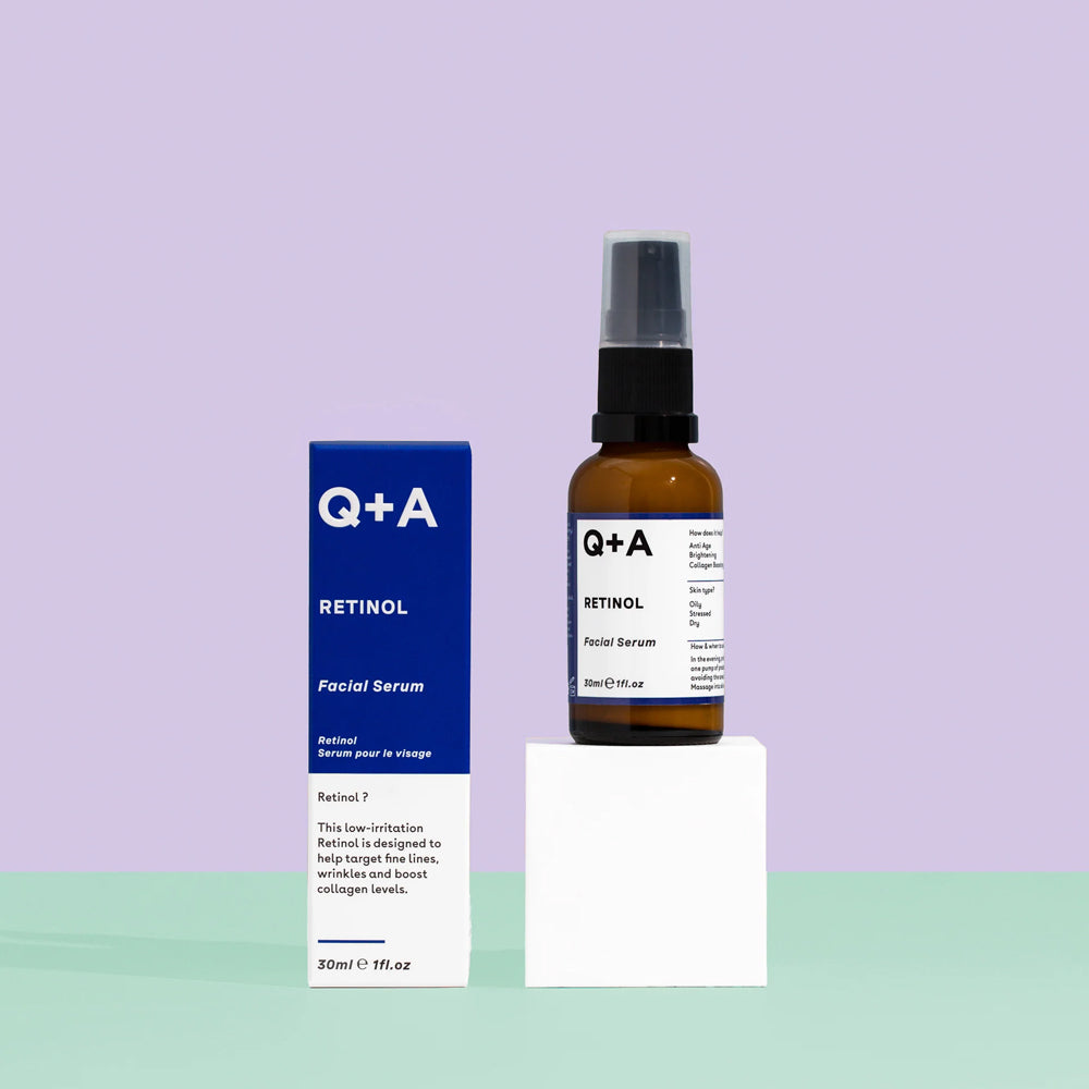 Q+A Retinol Facial Serum with colourful background