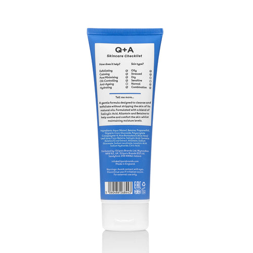 Q+A skincare product tube with blue label on a white background