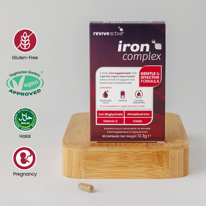 Revive Active iron complex supplement box on a wooden stand with certification logos on a gray background