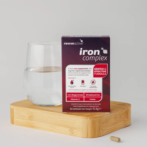 Revive Active iron complex supplement box with a glass of water on a wooden stand.
