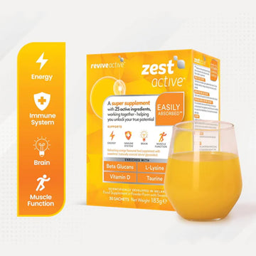 box of Revive Active Zest Active with glass