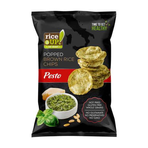 Pack of riceUP pesto flavored popped brown rice chips on a white background
