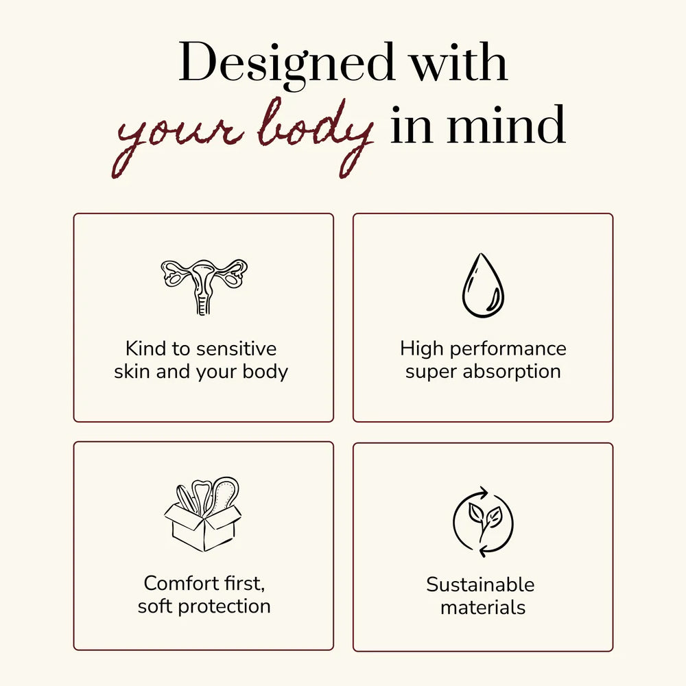 Product features with icons and text on a beige background