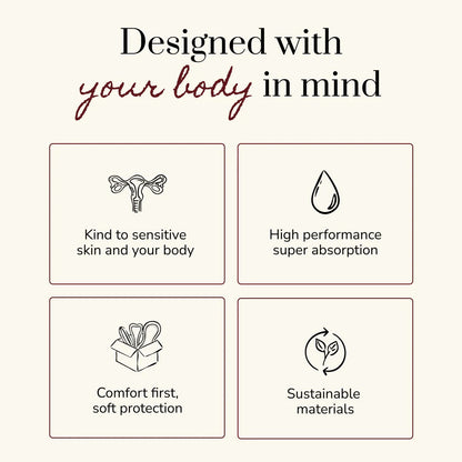 Product features with icons and text on a beige background