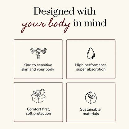 Riley Organic Cotton Sanitary Pads - Regular features with icons and text on a beige background