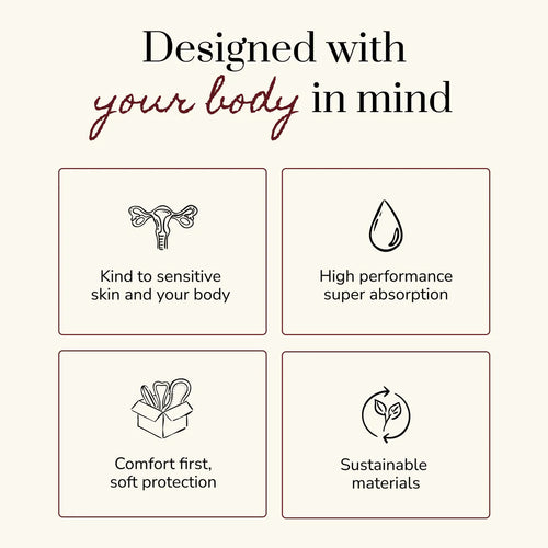 Riley Organic Cotton Sanitary Pads - Regular features with icons and text on a beige background