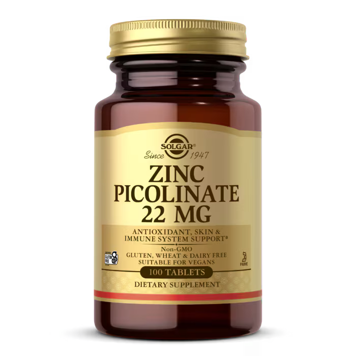 Solgar Zinc Picolinate 22mg 100 Tablets Glass Bottle