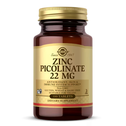 Solgar Zinc Picolinate 22mg 100 Tablets Glass Bottle