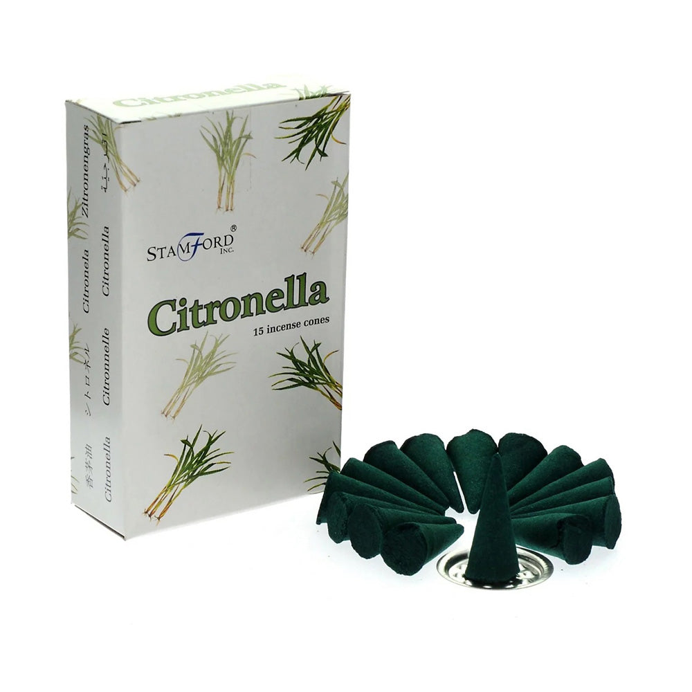 A box of Stanford Citronella incense cones next to a fan of dark green incense cones on a white background.