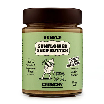 Jar of crunchy Sunfly sunflower seed butter with a green label on a white background