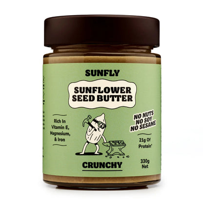 Jar of crunchy Sunfly sunflower seed butter with a green label on a white background