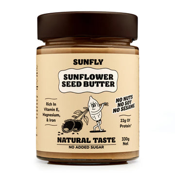 Jar of Sunfly sunflower seed butter on a white background