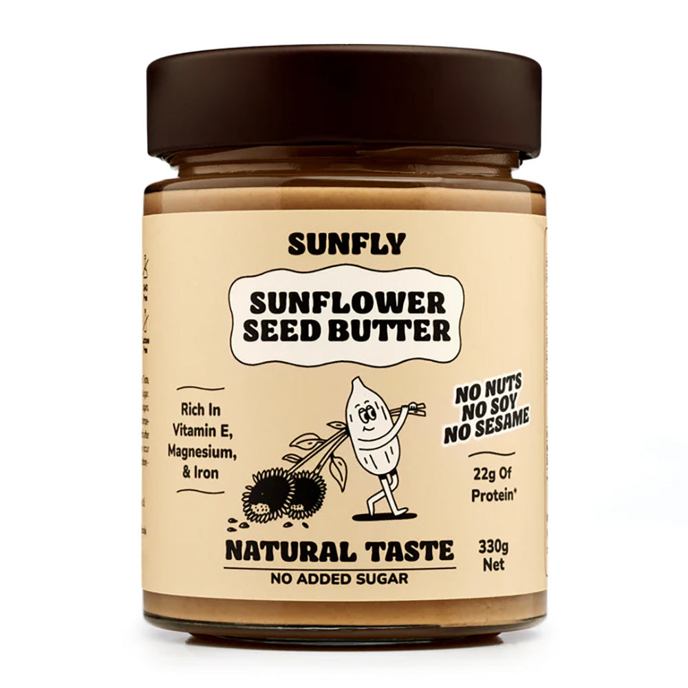 Jar of Sunfly sunflower seed butter on a white background