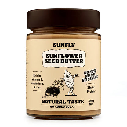 Jar of Sunfly sunflower seed butter on a white background