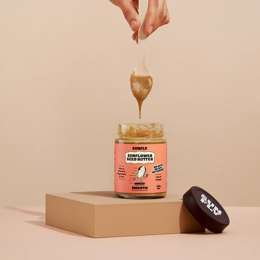 A jar of Smooth Sunfly Sunflower Seed Butter 
