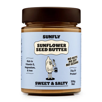 A jar of Sunfly Sunflower Seed Butter Sweet &amp; Salty flavour.