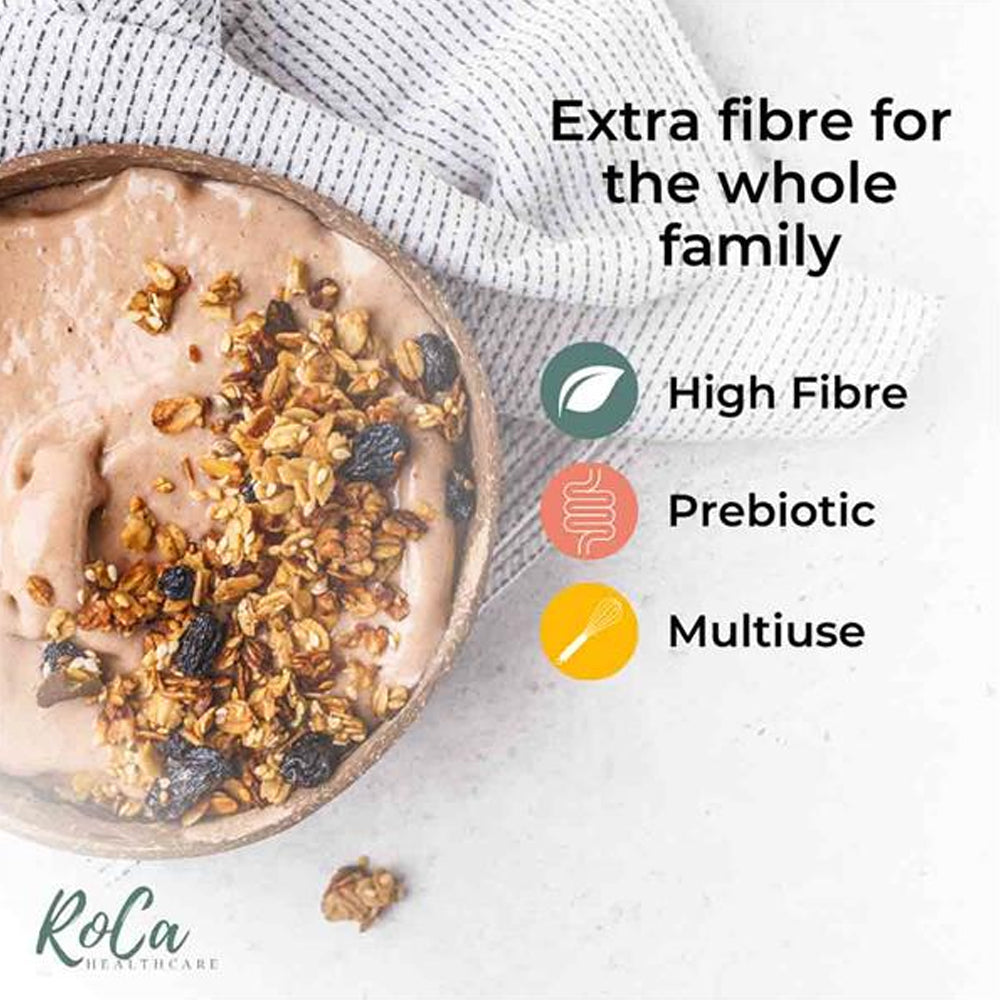 A bowl of protein powder smoothie topped with granola and dried fruit, with text and icons highlighting product benefits: &