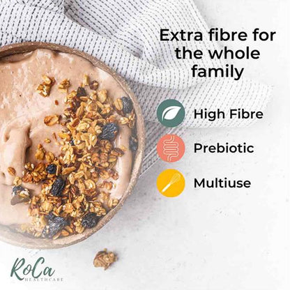 A bowl of protein powder smoothie topped with granola and dried fruit, with text and icons highlighting product benefits: &