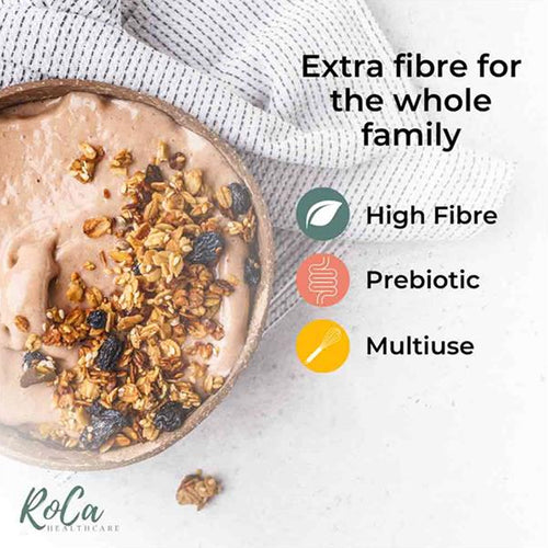 A bowl of protein powder smoothie topped with granola and dried fruit, with text and icons highlighting product benefits: &