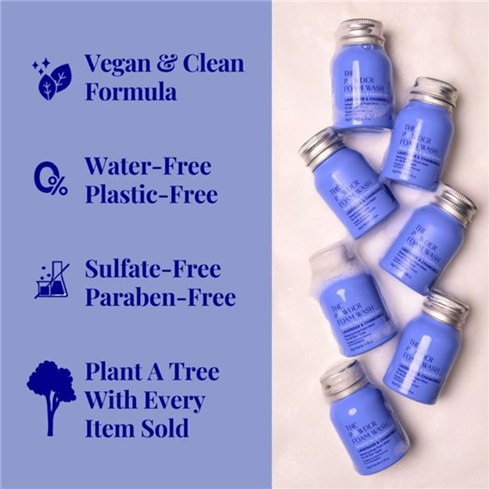 Blue bottles with text highlighting vegan, clean formula, water-free, plastic-free, sulfate-free, paraben-free, and environmental benefits on a light background.