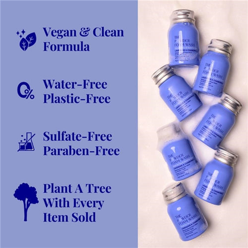 Blue bottles with text highlighting vegan, clean formula, water-free, plastic-free, sulfate-free, paraben-free, and environmental benefits on a light background.