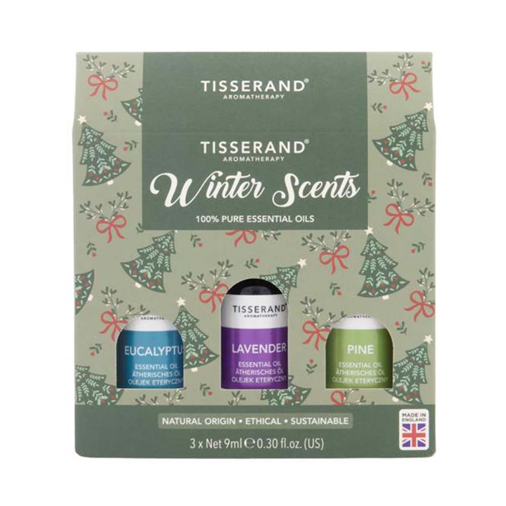 Tisserand Aromatherapy Winter Scents gift set containing three essential oil bottles: Eucalyptus, Lavender, and Pine, presented in a decorative winter-themed cardboard box.