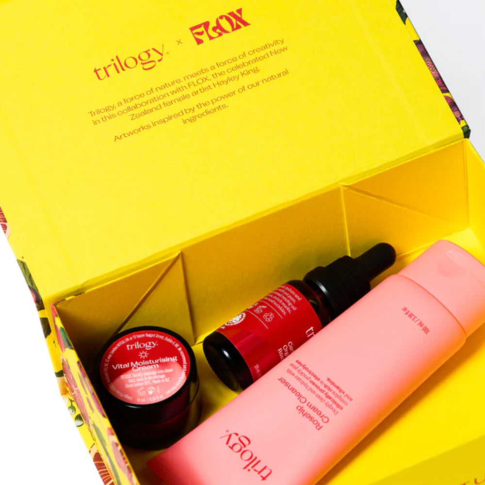 Trilogy skincare products in a yellow box with F&amp;F branding.