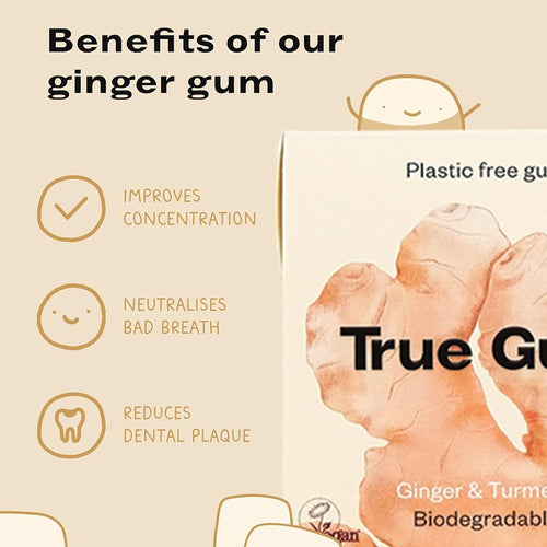 Advertisement for True Ginger gum with benefits listed on a beige background