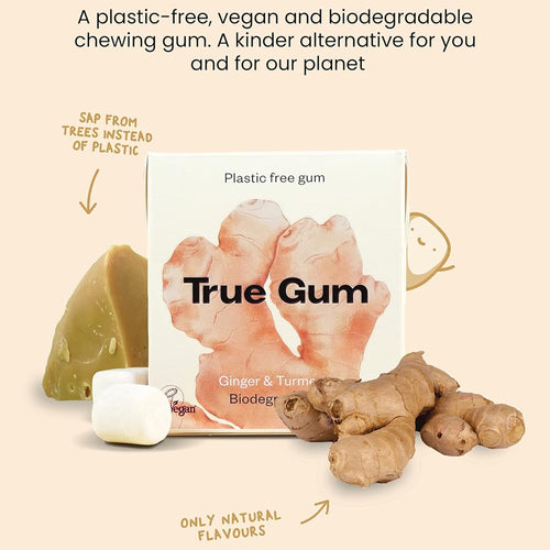 True Gum packaging with ginger and turmeric, labeled as plastic-free, vegan, and biodegradable.