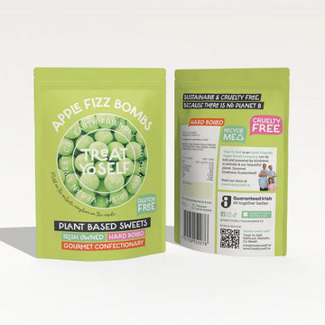 Two stand-up pouches of Treat Yo Self Apple Fizz Bombs plant-based sweets, shown on a clean white background.